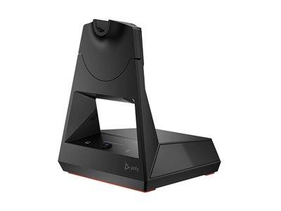 Ein schwarzer, kantiger Kopfhörerständer für das Büro mit schlankem, modernem Design. Er hat eine prominente Basis und einen Bereich zur Befestigung eines Kopfhörers.