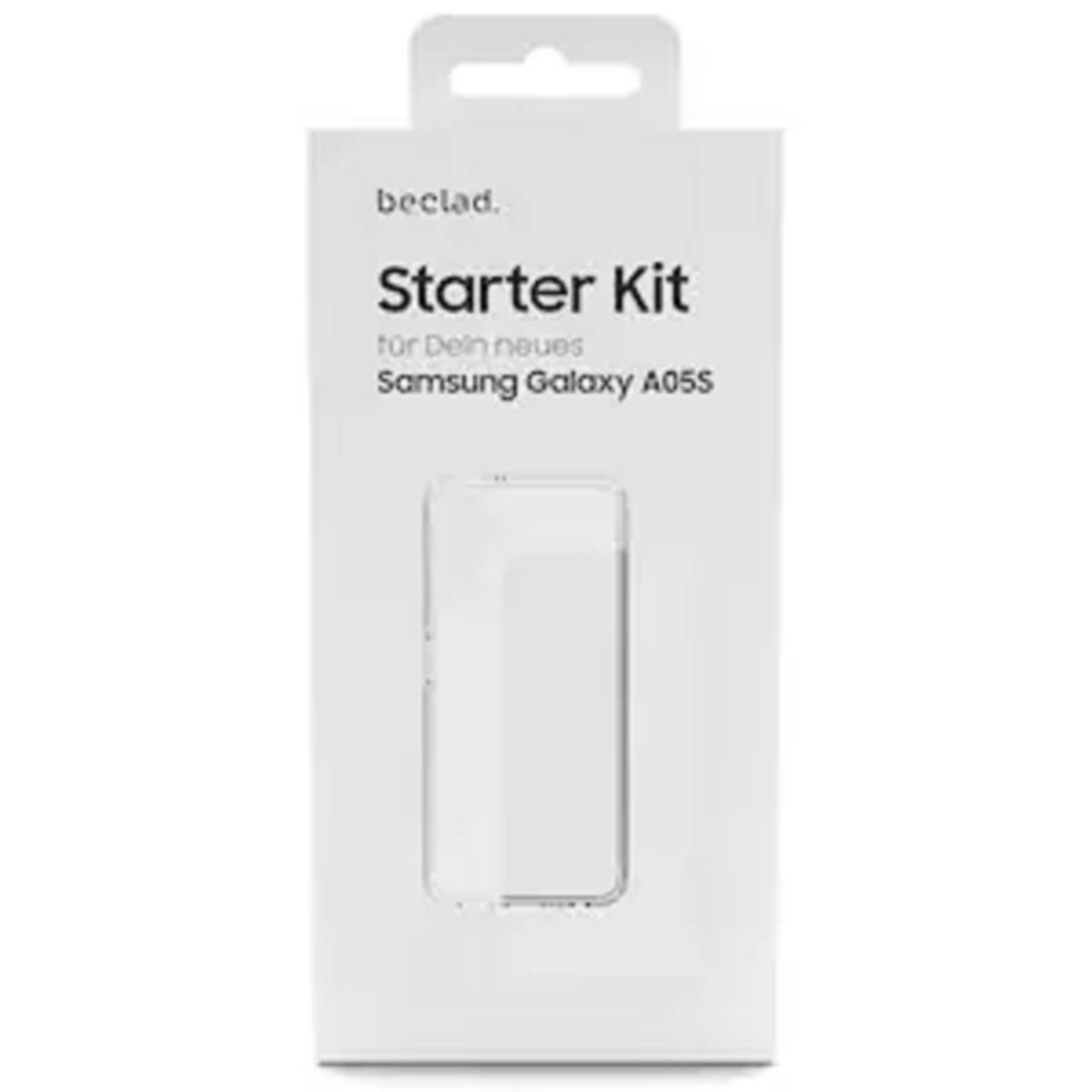 Starter-Set für Dein neues Samsung Galaxy A05s mit minimalististischem Design und transparentem Fenster, das eine Produktsilhouette zeigt.