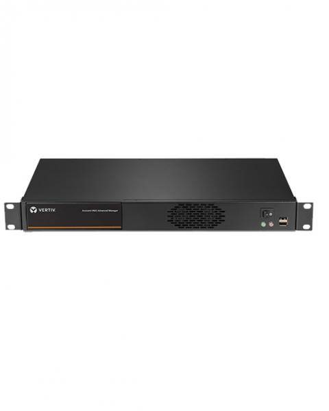 Vertiv-Gerät in Serversschrankbauform mit Lüftungsöffnung auf der Frontplatte und mehreren Anschlussanschlüssen, darunter USB und Audio, mit der Bezeichnung 