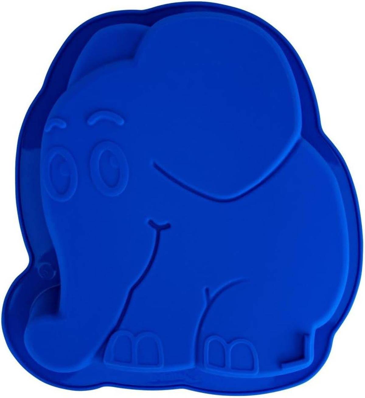 Eine blaue elefantenförmige Silikonform mit einem lächelnden Cartoon-Design, wahrscheinlich zum Backen oder Basteln verwendet.