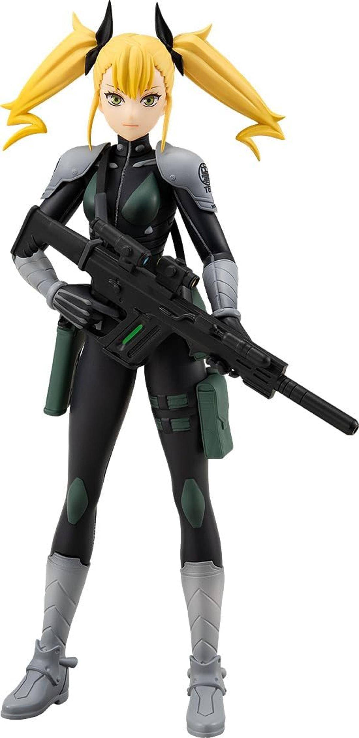 Eine Person in einem futuristischen schwarzen und grünen Anzug, die eine große gewehrförmige Waffe hält, was auf ein Action- oder Kampfszenario hindeutet.