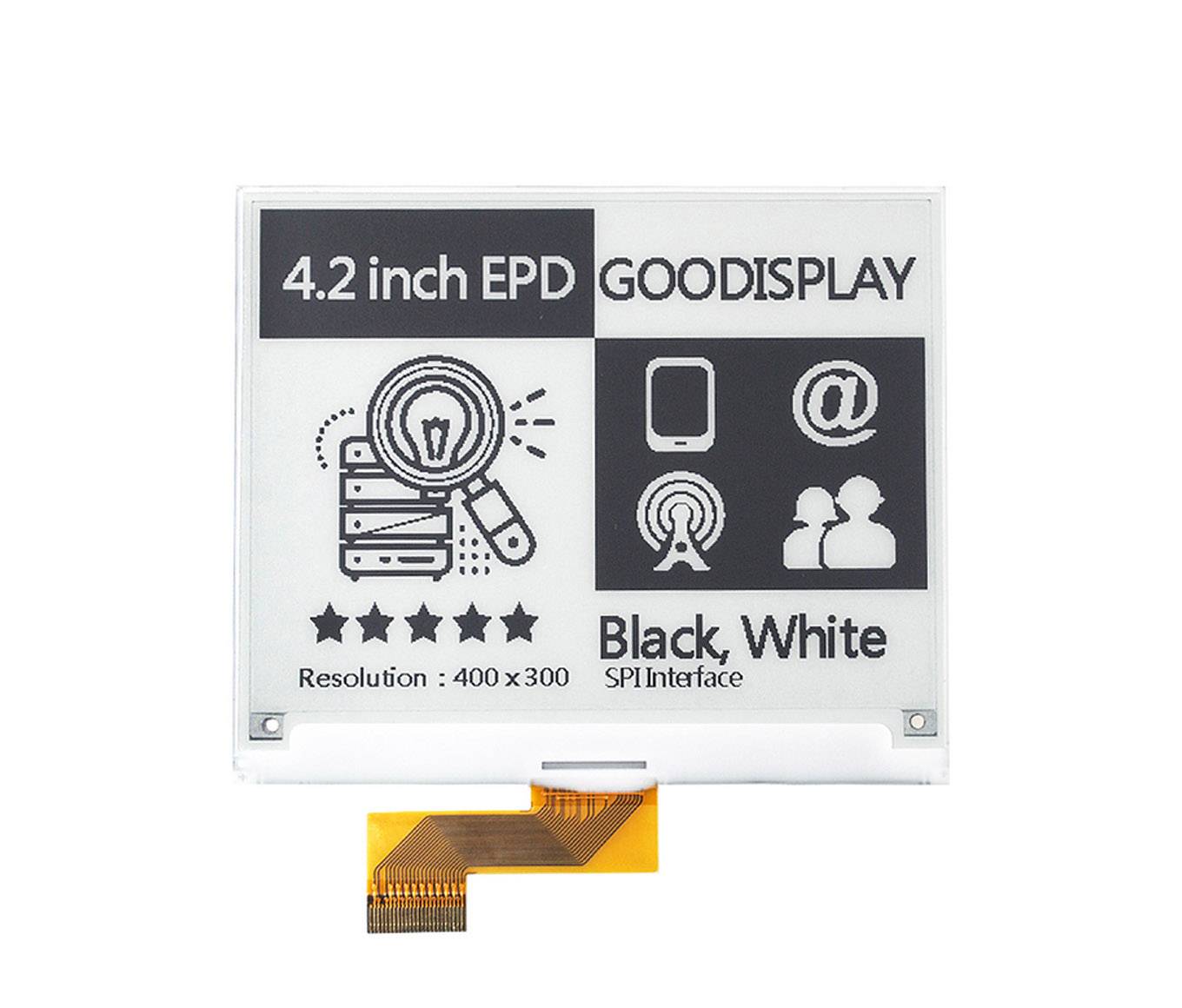 4,2 Zoll E-Ink-Display, GOODISPLAY, Schwarz-Weiß, Auflösung: 400x300, SPI-Schnittstelle' mit Symbolen einer Lupe, eines Smartphones, eines E-Mail-Symbols und Sternen.