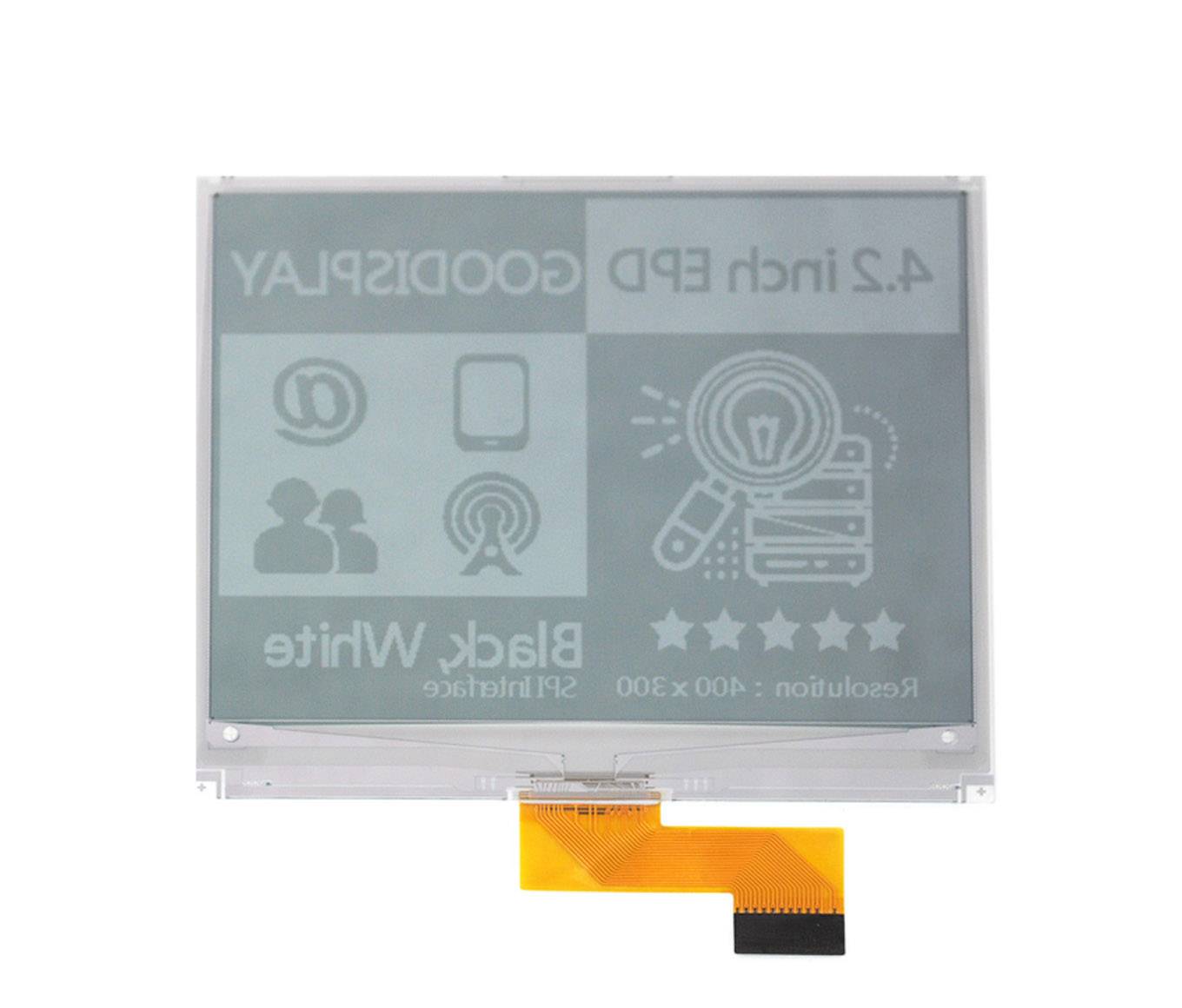 E-Ink-Displayscreen, 4,2 Zoll, 400x300 Auflösung, Schwarz und Weiß, zeigt Oberflächensymbole und Produktspezifikationen.