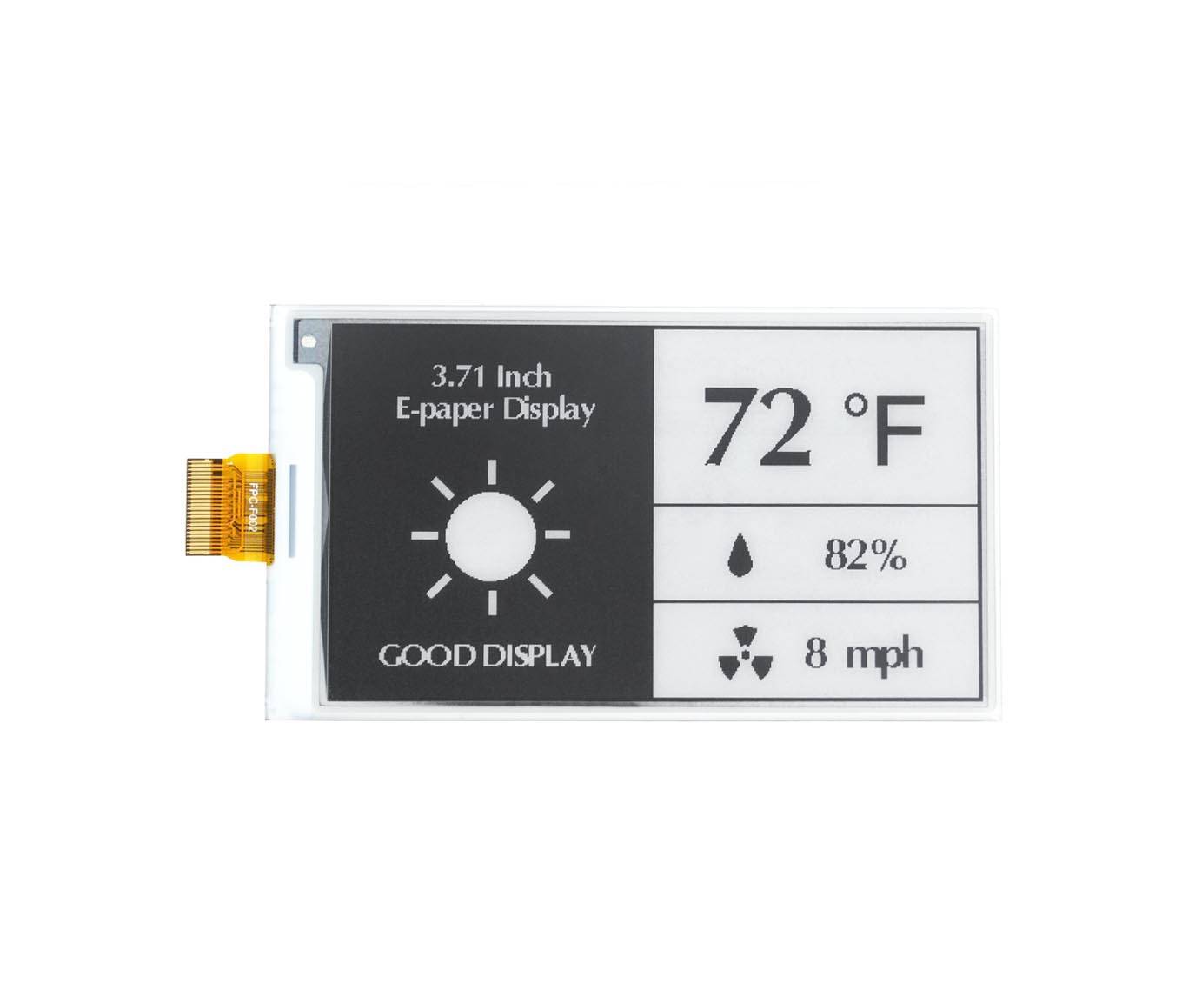 E-Paper-Display zeigt 72°F, 82% Luftfeuchtigkeit, Windgeschwindigkeit 8 mph und Sonnensymbol. Etikett: 3,71 Zoll E-Paper-Display, Good Display.