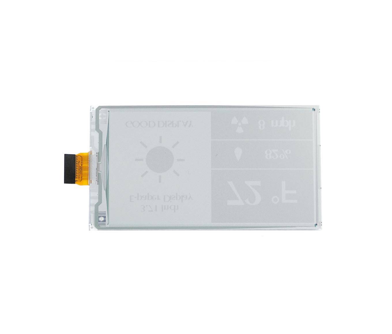 E-Ink-Anzeigetafel mit Symbolen und Grafiken, die eine Sonne, Temperatur und andere wetterbezogene Grafiken zeigen. Schwarzer Stecker an der Seite.