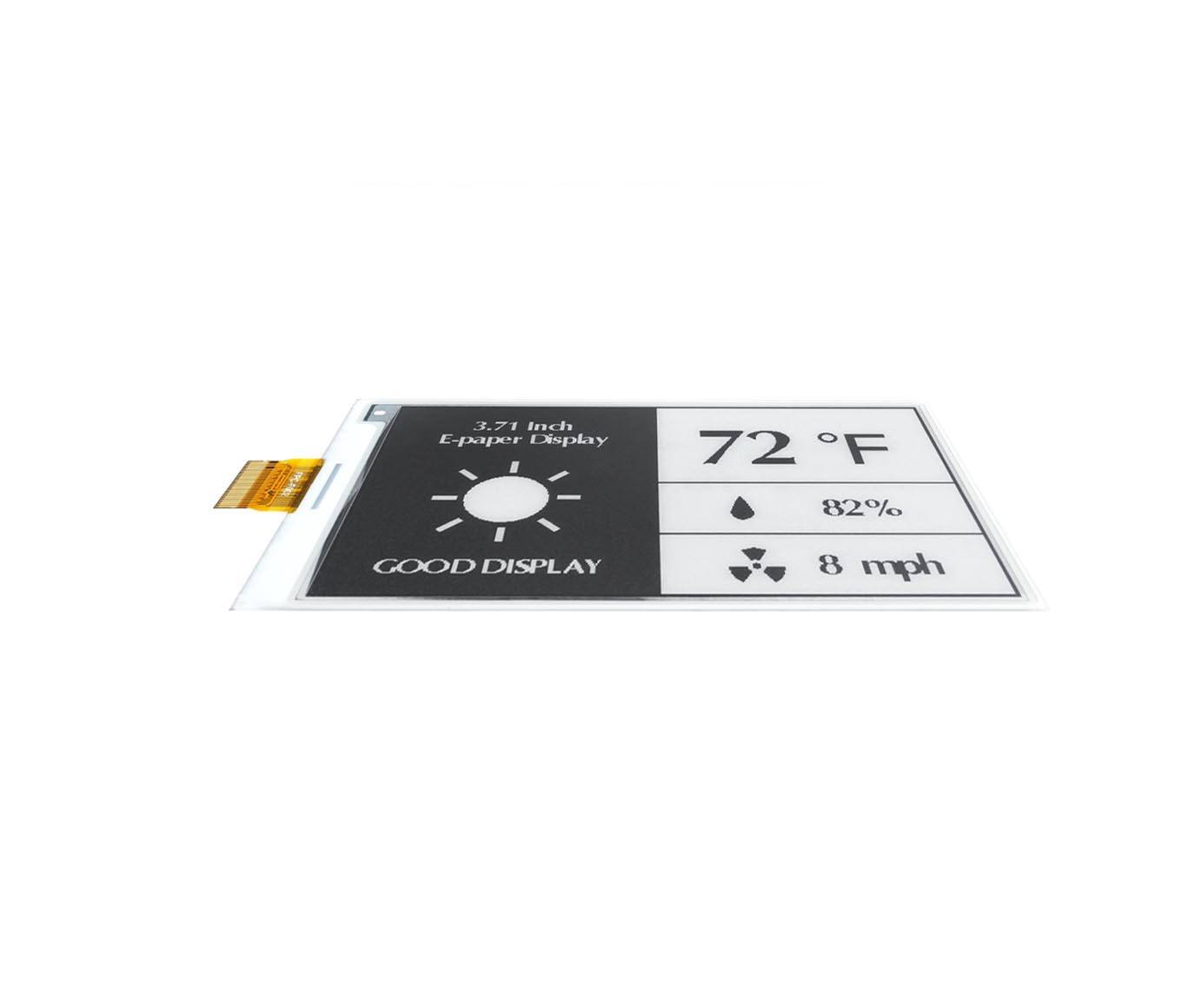 E Ink-Display zeigt 72°F Temperatur, 82% Luftfeuchtigkeit und 8 mph Windgeschwindigkeit an.
