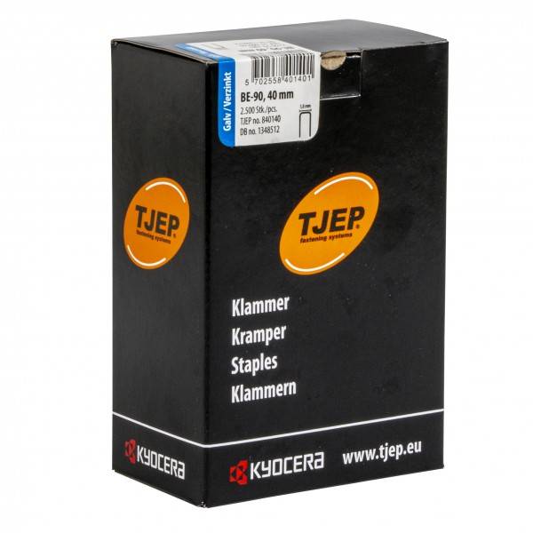 Eine Schachtel mit TJEP-Markenheftern, die in mehreren Sprachen beschriftet ist, einschließlich „Klammer