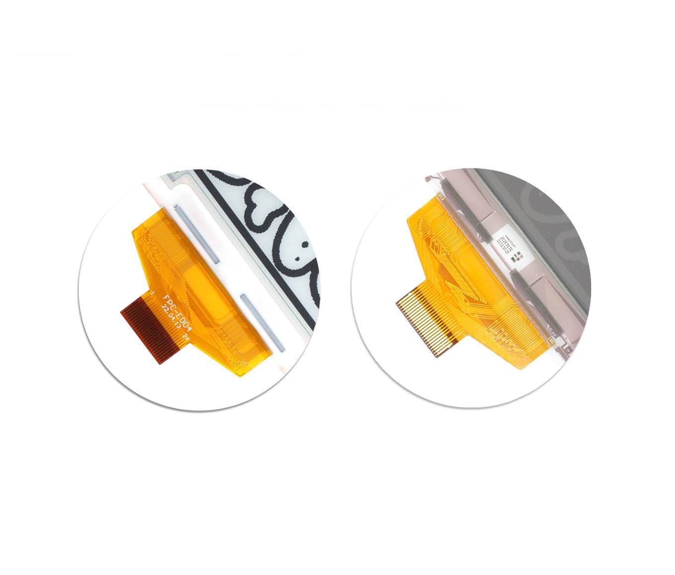 Zwei Nahaufnahmen von gelben flachen Steckverbindern, die an elektronischen Displays befestigt sind, mit Hervorhebung von Steckverbinderdetails und Bandorientierung.
