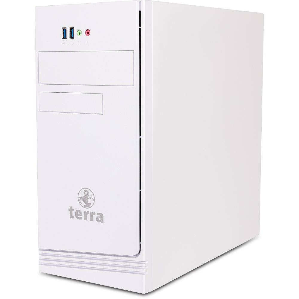 Weißer Desktop-Computer-Tower mit zwei USB-Anschlüssen, Audio-Buchsen und Terra-Logo auf der Vorderseite.