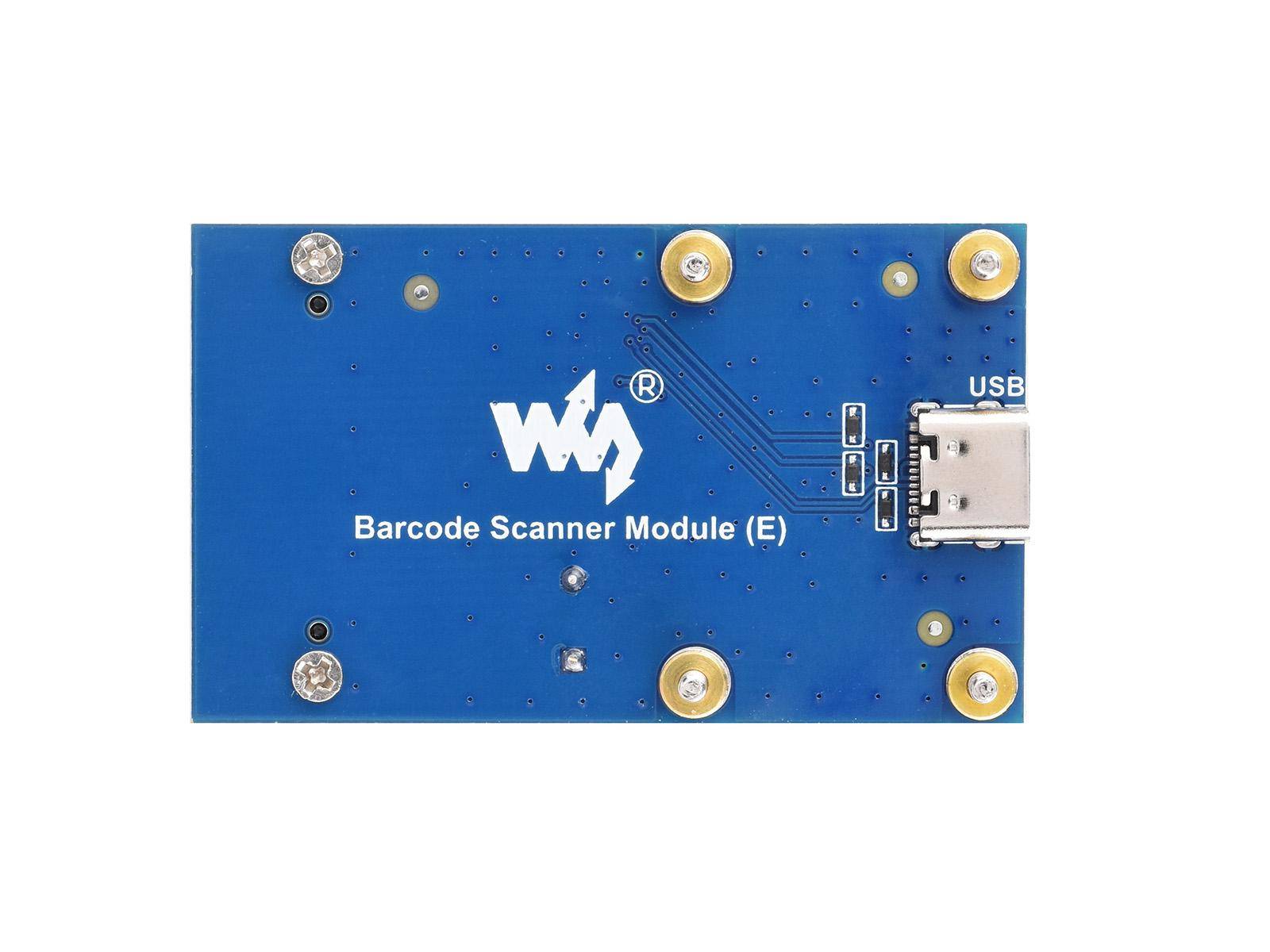 Barcode-Scanner-Modul (E)' Leiterplatte mit USB-Anschluss, blauer Oberfläche und metallischen Komponenten.