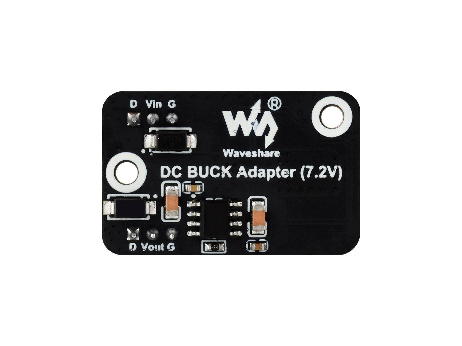 Waveshare DC-BUCK-Adapter (7,2V)' schwarze Leiterplatte mit gekennzeichneten Anschlüssen: D Vin, G, D Vout, mit elektronischen Bauteilen und Steckverbindern.