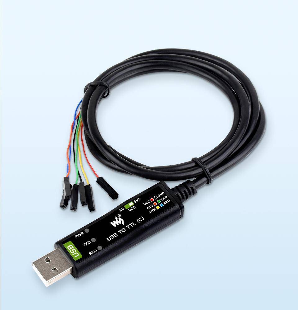 USB-zu-TTL-Kabel mit freiliegenden Drähten und Steckern, verwendet für Datenübertragung oder zum Verbinden elektronischer Komponenten, auf hellem Hintergrund.