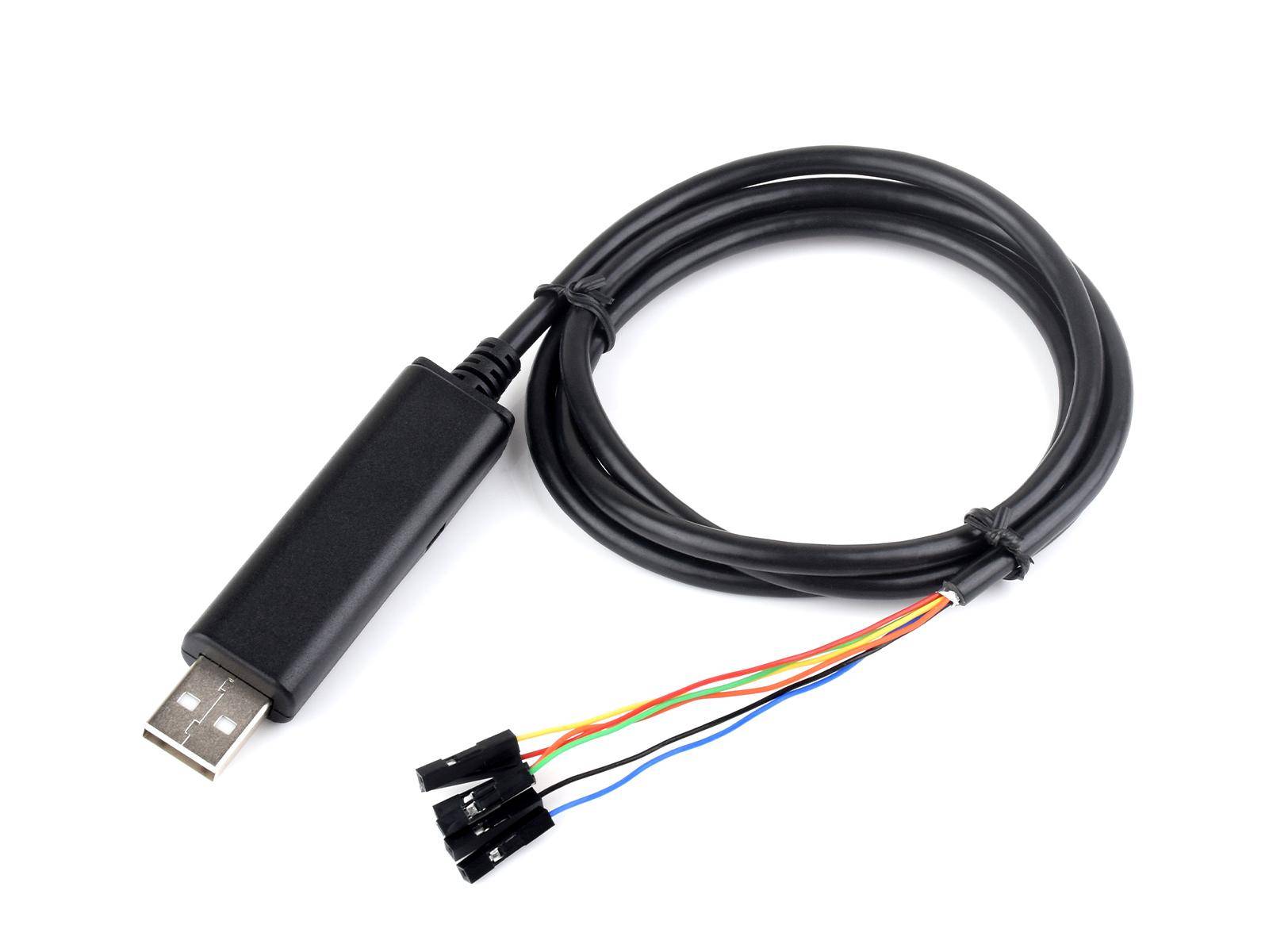 Ein schwarzes USB-zu-TTL-Seriell-Adapterkabel mit vier farbigen Steckern, typischerweise zur Verbindung elektronischer Geräte mit einem Computer verwendet.