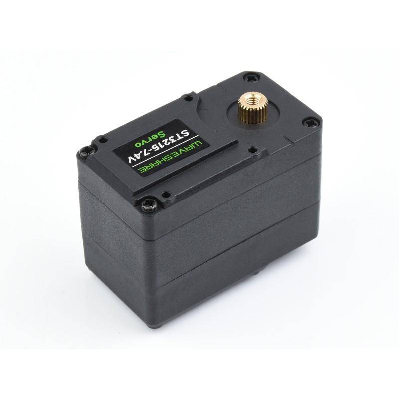 Ein schwarzer STS215 6-7,4V Servomotor mit einem Metallgetriebe oben, beschriftet mit 