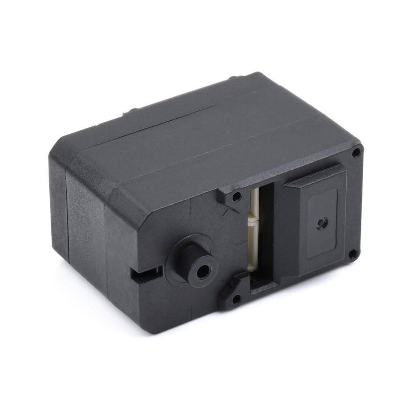 Ein schwarzes rechteckiges Kunststoffgehäuse mit einem teilweise sichtbaren Zahnradmechanismus auf einer Seite, wahrscheinlich Teil eines elektronischen Geräts.
