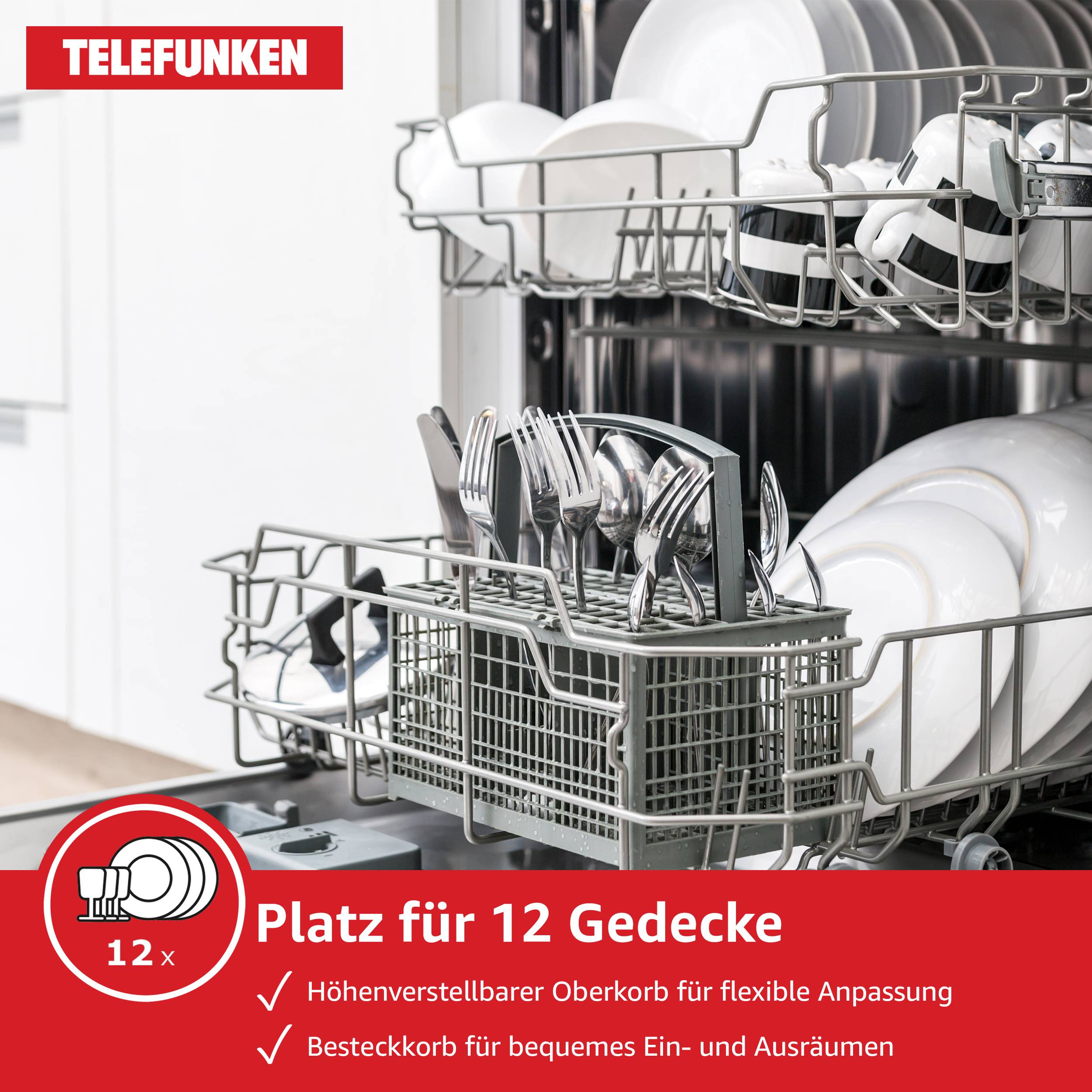 Ein Geschirrspüler mit ordentlich angeordneten Tellern und Besteck. Der Text lautet „Platz für 12 Gedecke