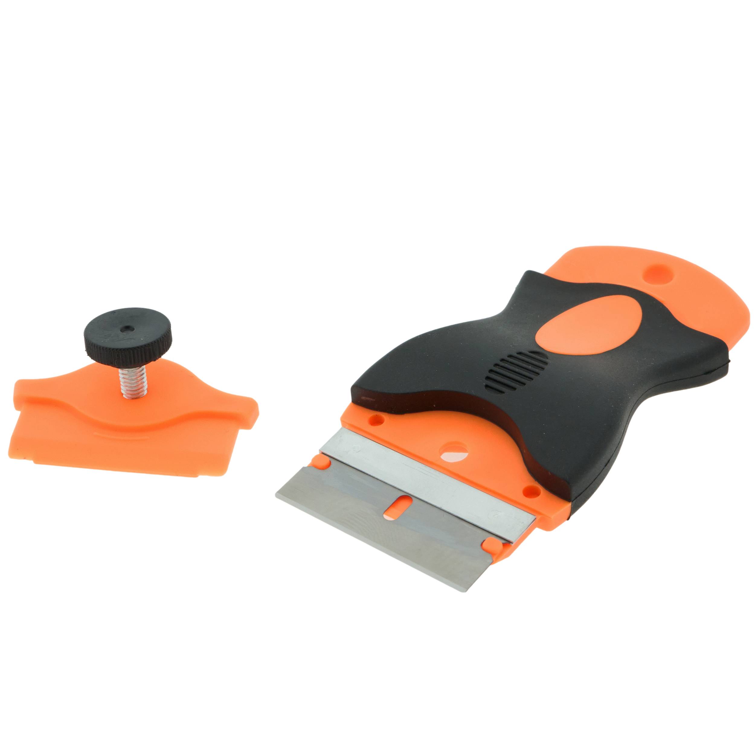 Orange- und schwarzer tragbarer Schaber mit breiter Metallklinge, verwendet zum Entfernen von Aufklebern oder Farbe. Enthält eine zusätzliche Klingenabdeckung mit einer Befestigungsschraube.