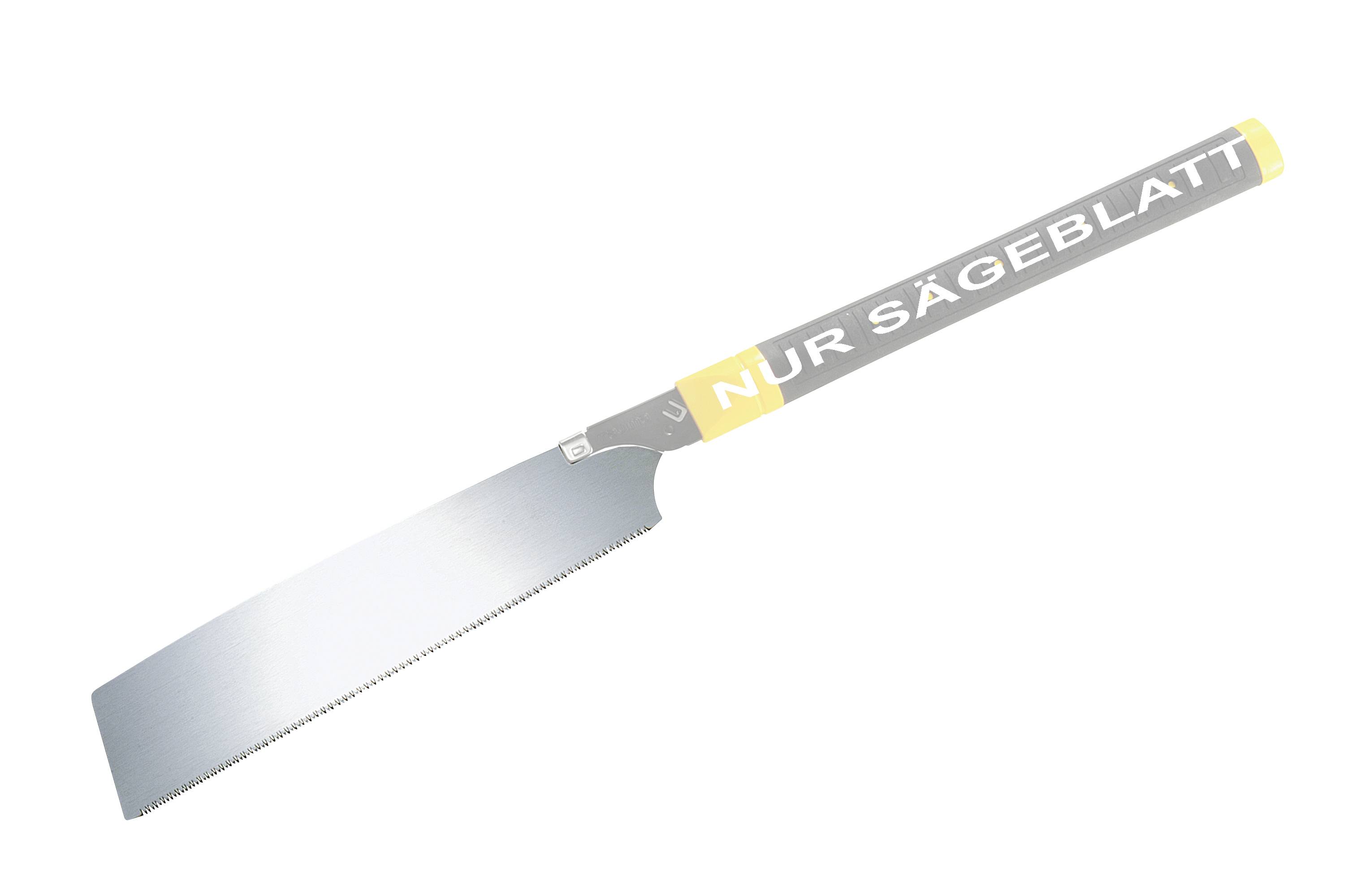 Eine Säge mit einer metallischen Klinge und einem gelben Abschnitt am Griff mit der Aufschrift „NUR SÄGEBL