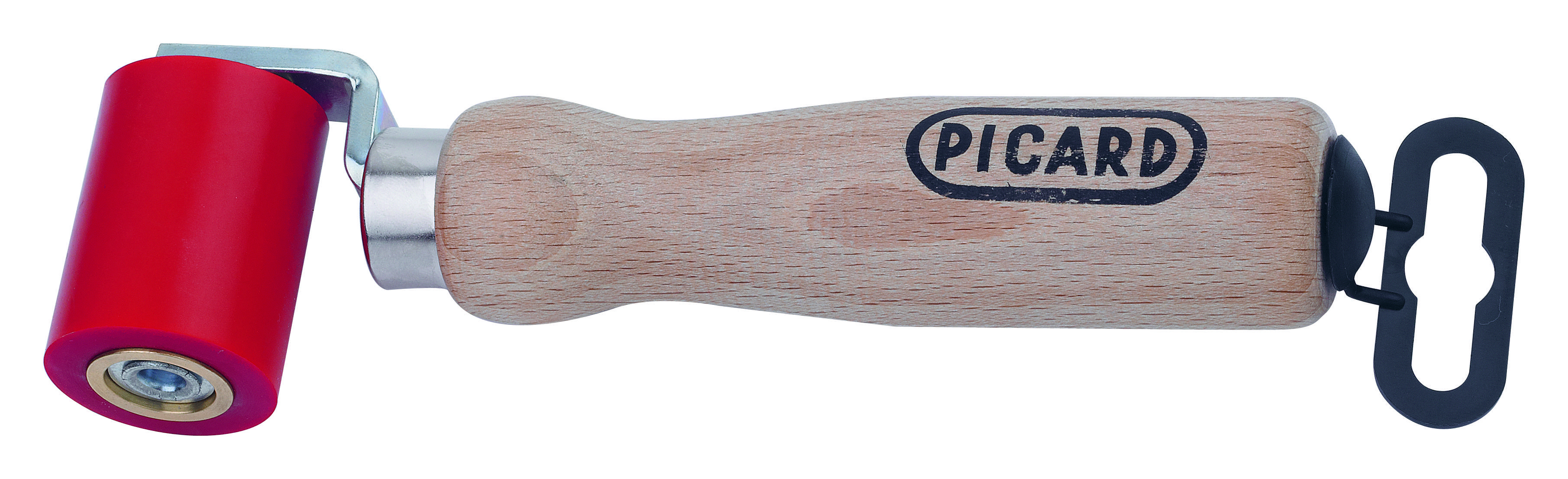 Holzgriff eines Werkzeugs mit teilweise sichtbarem Logo, das 