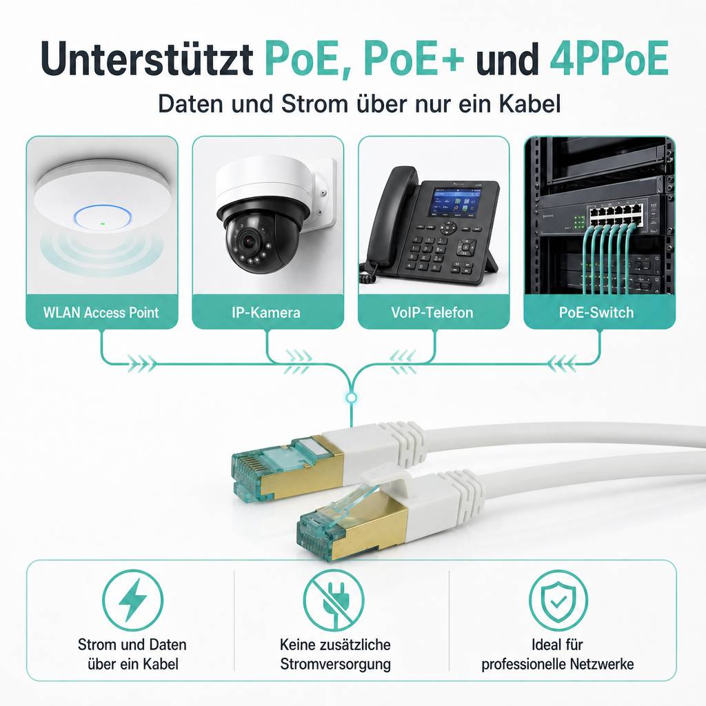 Infografik zur PoE-Unterstützung: WLAN-Zugriffspunkt, IP-Kamera, VoIP-Telefon und PoE-Switch, die von einem Ethernet-Kabel mit Strom versorgt und verbunden werden, das sowohl Daten als auch Elektrizität überträgt.