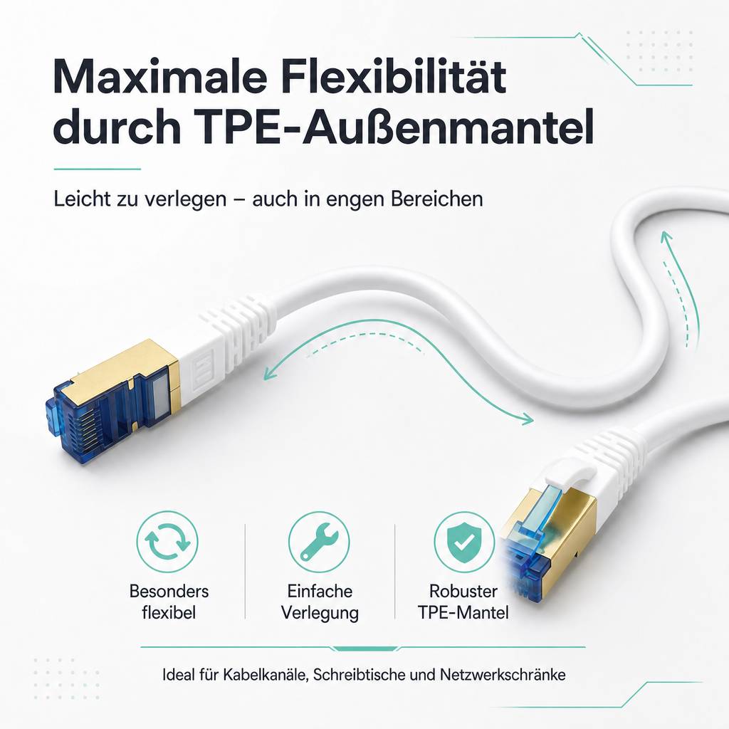 Flexibles Ethernet-Kabel mit maximaler Flexibilität durch TPE-Außenmantel, einfach zu verlegen in engen Räumen, ideal für Kabelkanäle und Netzwerkschränke.