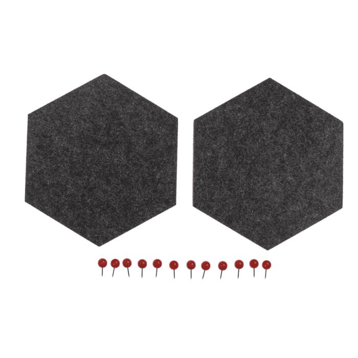 Zwei schwarze sechseckige Filztafeln mit Stecknadeln, die davor aufgereiht sind.