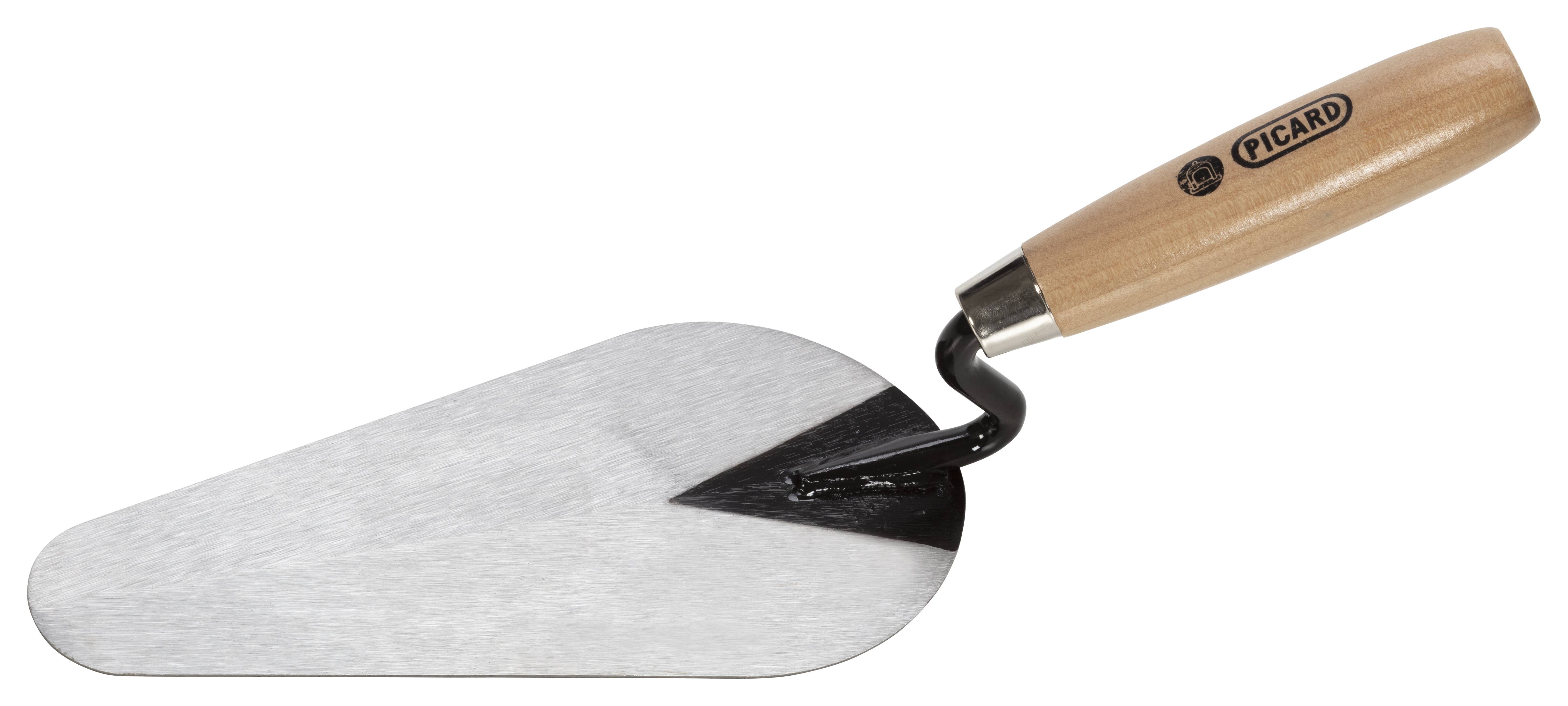 Ein Metallspatel mit Holzgriff, üblicherweise zum Kochen oder Grillen verwendet, auf weißem Hintergrund ruhend.