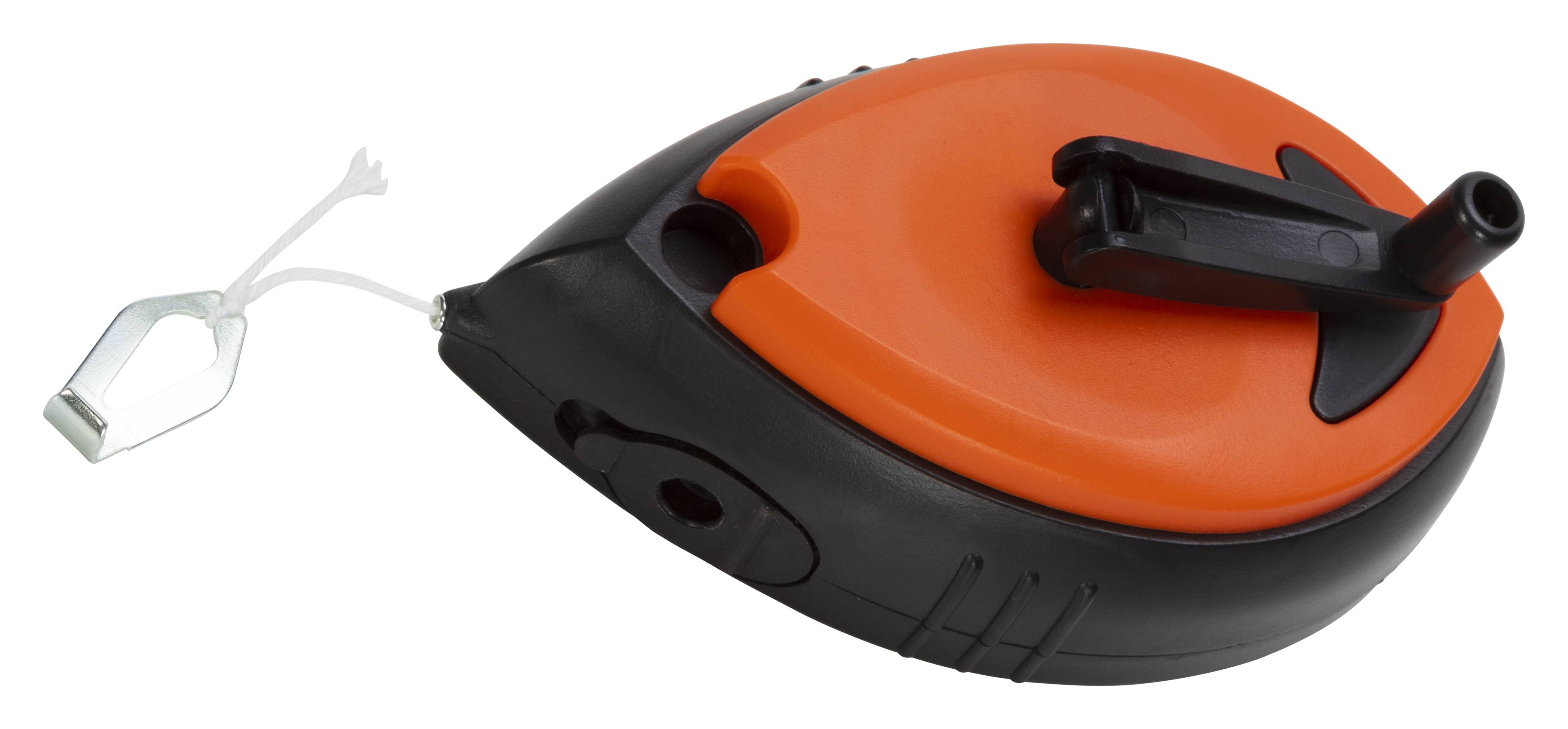 Eine orange-schwarze Kreideleinrolle, zum Markieren gerader Linien auf Oberflächen, mit einer Kurbel und einer kleinen Metallspitze.