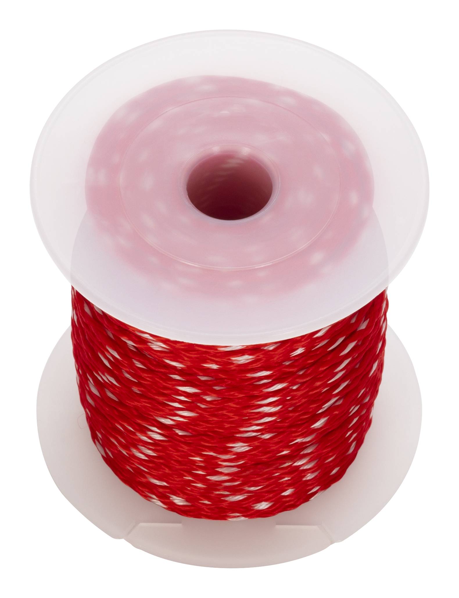 Eine Spule mit rot-weiß gestreiftem Garn, gleichmäßig aufgewickelt.