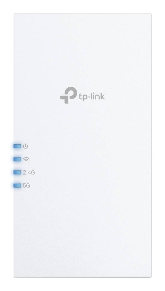 Vorderansicht eines weißen TP-Link WLAN-Routers mit Logo und vier Anzeigelichtern auf der linken Seite für Stromversorgung, Wireless, 2,4G und 5G.