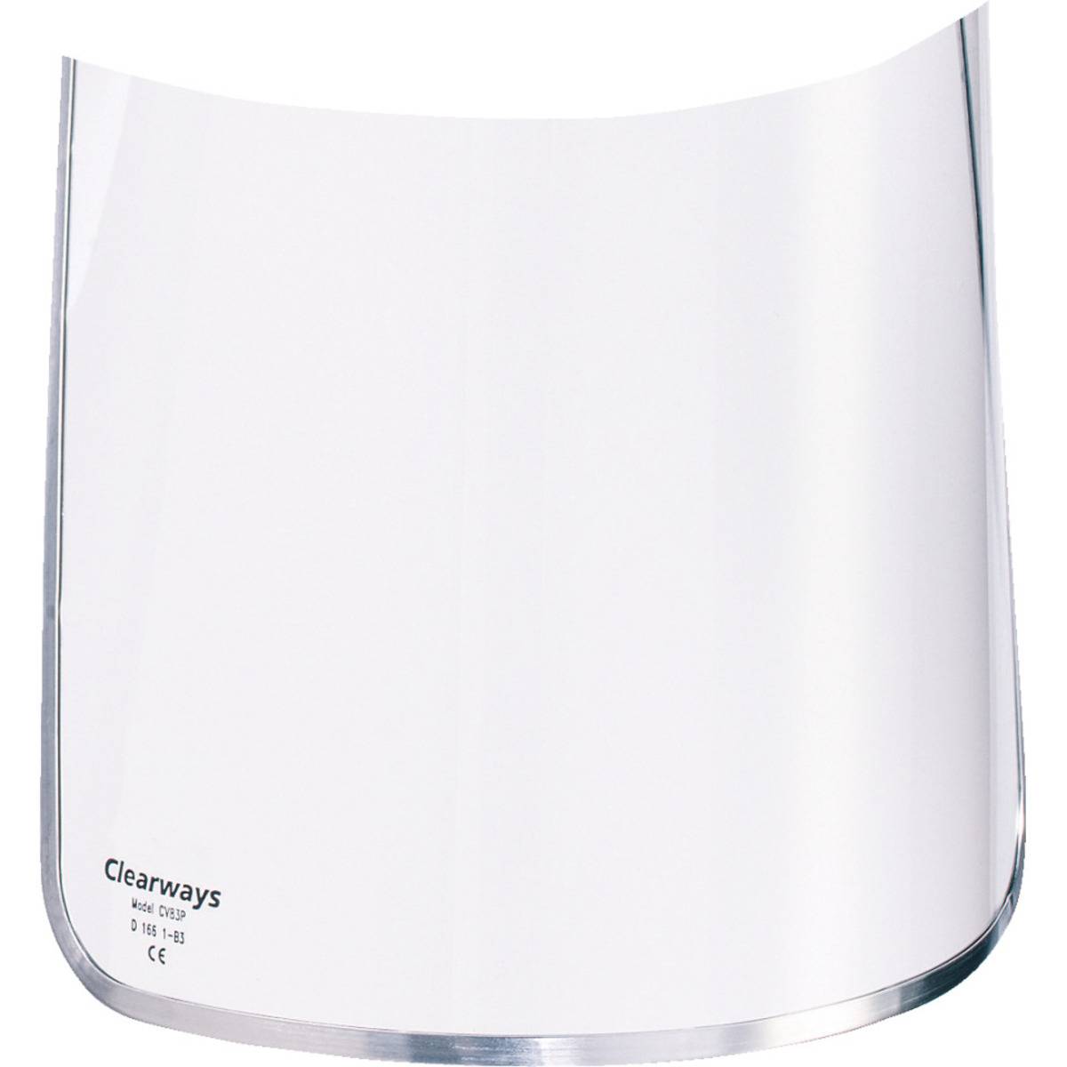 Ein klares Gesichtsschutzschild mit silbernem Rand, mit der Bezeichnung 