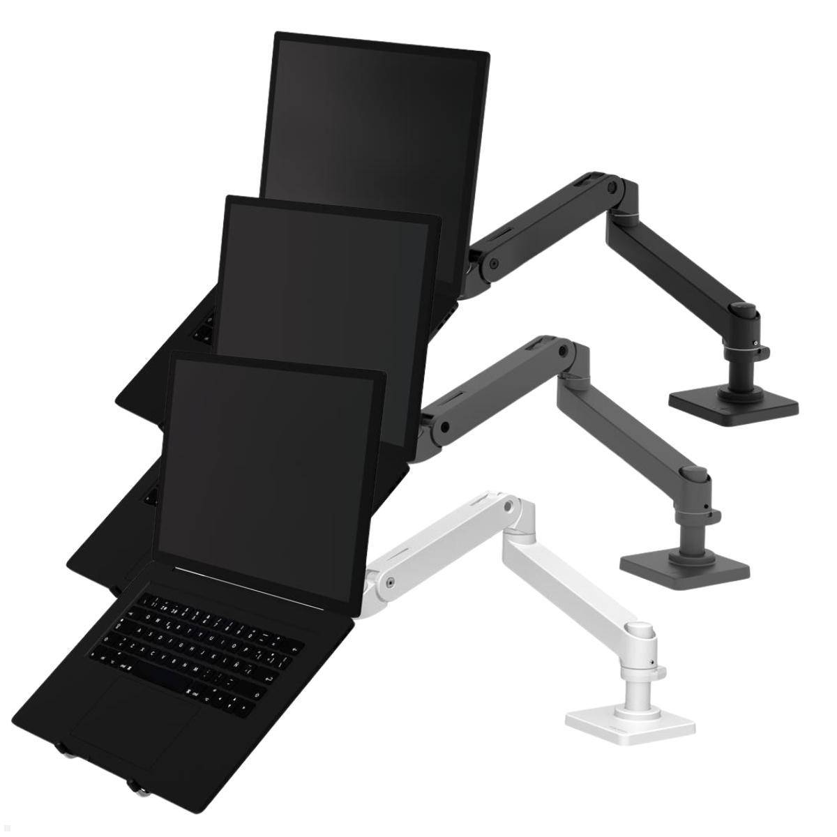 Drei verstellbare Monitor-Arme in Schwarz, Grau und Weiß, die Laptop-Bildschirme in verschiedenen Winkeln halten und Flexibilität und Bewegungsfreiheit illustrieren.