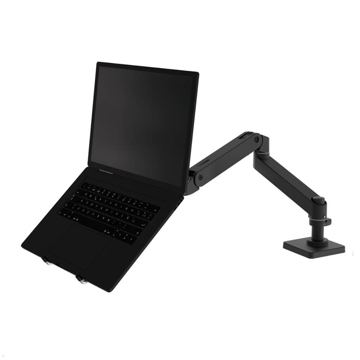 Ein schwarzer Laptop, der auf einem verstellbaren Armständer montiert ist, der sich von einer Basis erstreckt. Die Anordnung ermöglicht eine flexible Positionierung für ergonomische Nutzung.
