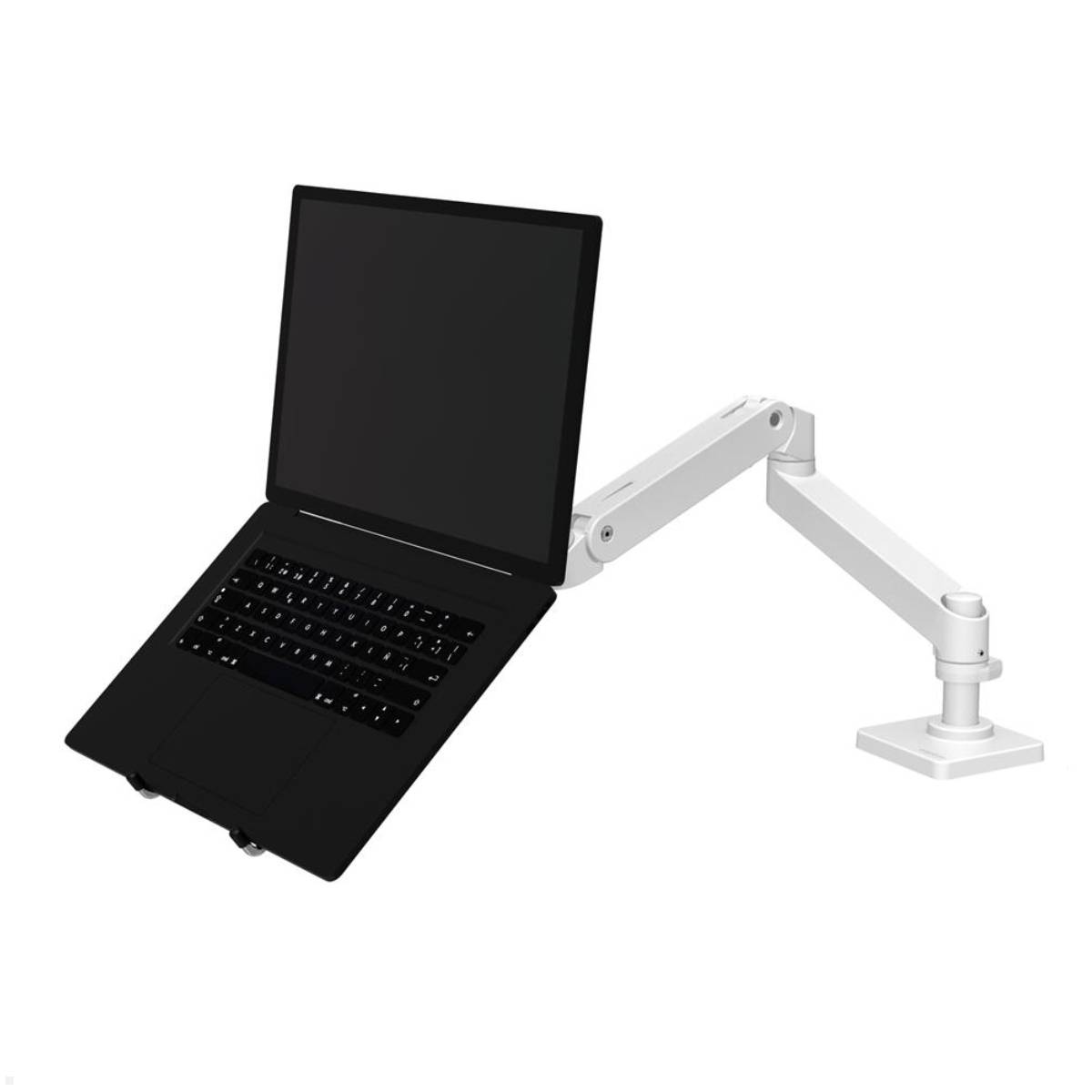 Ein schwarzer Laptop, der auf einem verstellbaren weißen Schreibtischarm montiert ist, zeigt Flexibilität für ergonomische Positionierung ohne sichtbaren Arbeitsplatz.
