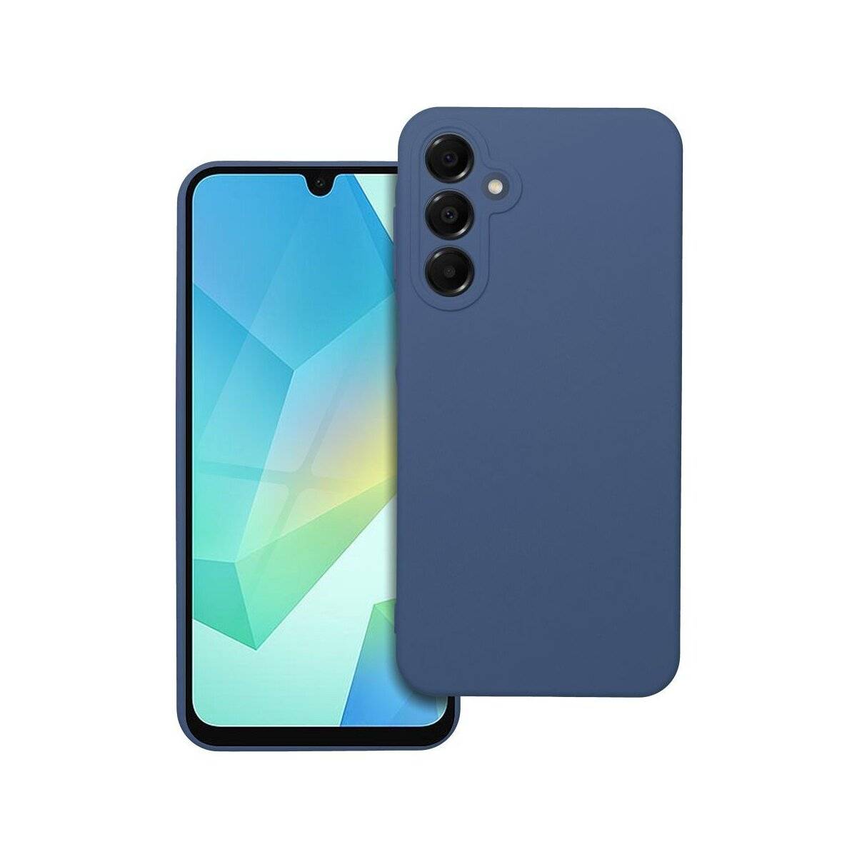 Ein Smartphone mit einem bunten geometrischen Muster auf dem Bildschirm und einer blauen Schutzhülle, die drei Kameraobjektive auf der Rückseite zeigt.