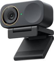 Eine moderne schwarze Webcam mit Objektiv, LED-Anzeige und verstellbarem Clip, entwickelt für Videokonferenzen und Streaming.
