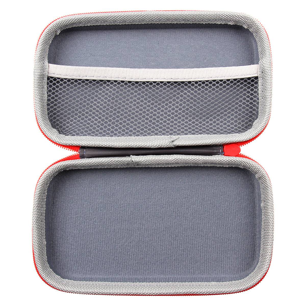 Ein rotes, stabiles EVA-Etui ist geöffnet und zeigt ein graues Inneres mit einer Netztasche oben, das zur Schutzung von kleinen elektronischen Geräten entwickelt wurde.