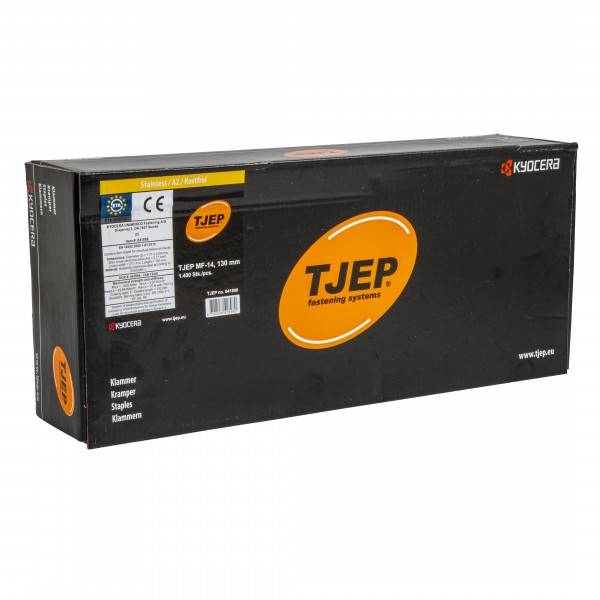 Schachtel mit TJEP-Markenheftklammern für Hefter, gekennzeichnet mit „TJEP Stainless 1.50 mm