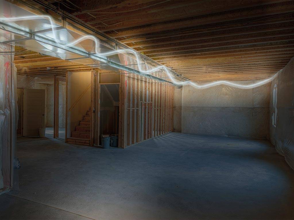 Ein unfertiger Keller mit freigelegten Holzbalken und Betonboden, mit einer Treppe und teilweise errichteten Wänden. Natürliches Licht dringt durch ein Fenster ein.