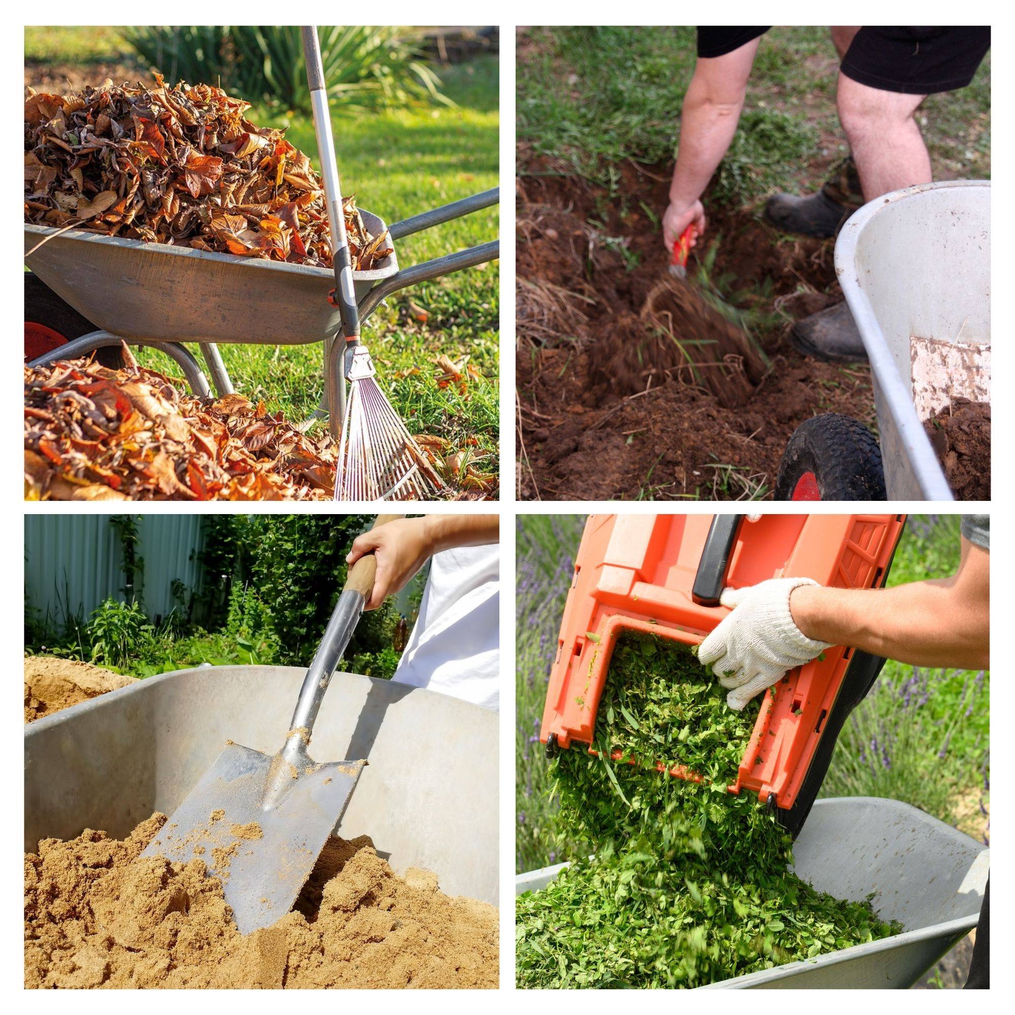 Vier Bilder zeigen Stadien des Kompostierens: trockene Blätter und eine Schubkarre, Umgraben von Erde, Zugabe von braunem Material und grünes Material in einem Behälter.