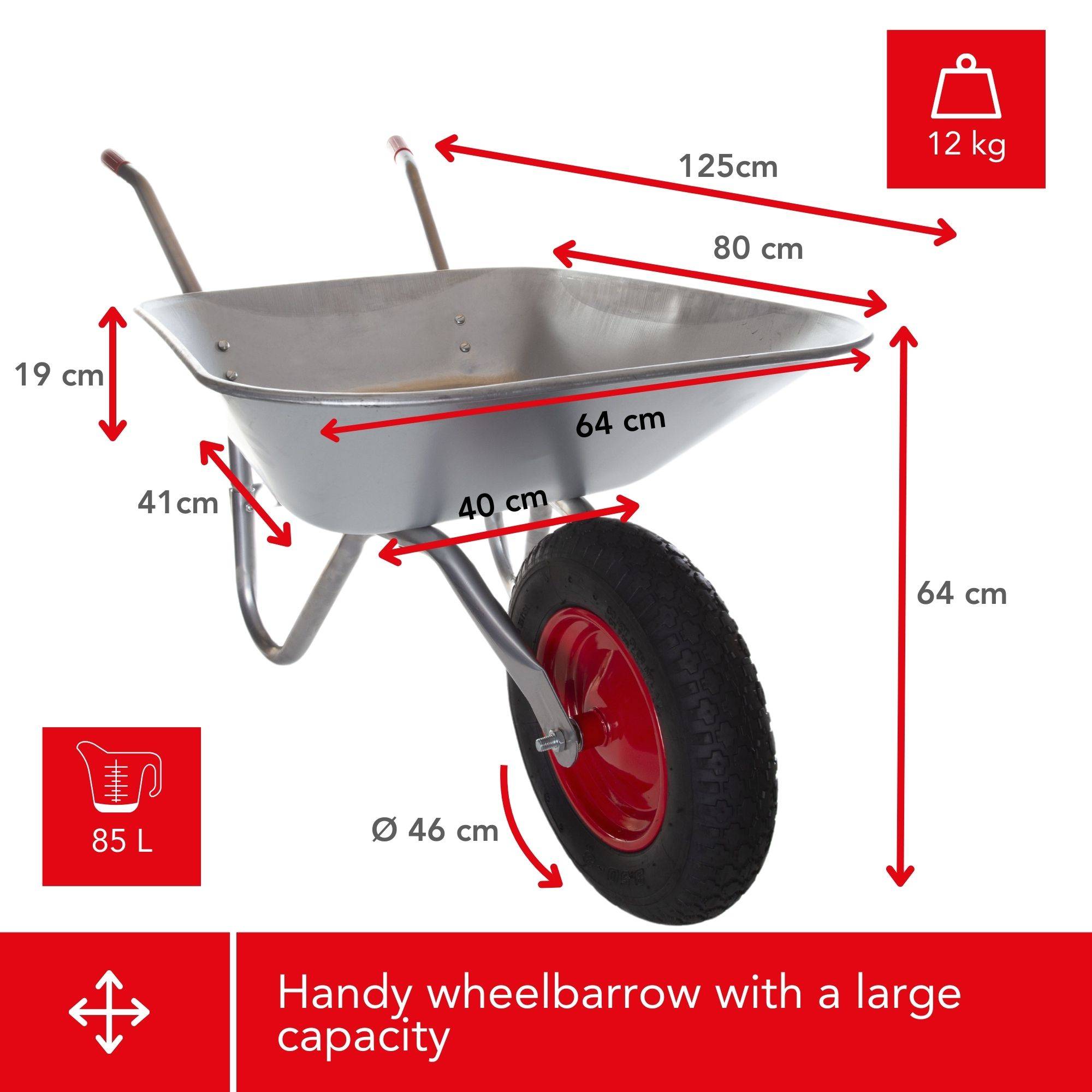 Praktische Schubkarre mit großem Fassungsvermögen. Abmessungen: 125 cm Länge, 64 cm Höhe. Volumen: 85 L. Gewicht: 12 kg. Reifendurchmesser: 46 cm.