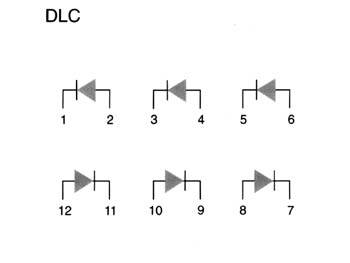 DLC-Diagramm mit sechs Symbolen, die Dioden in verschiedenen Ausrichtungen und Positionen zeigen, nummeriert von 1 bis 6 und 12 bis 7.