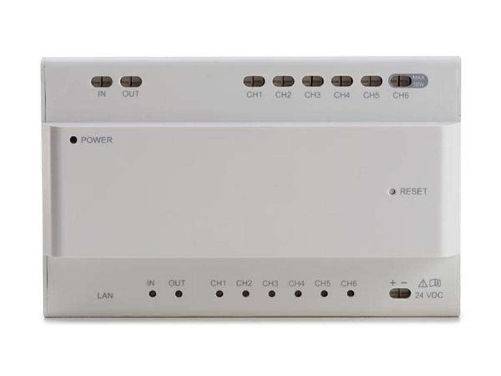 Netzwerk-Switch mit sechs Kanälen, Ein-/Ausschalter und Reset-Taste. Anzeigelampen zeigen den Netzwerkstatus und Konnektivitätsoptionen für LAN und andere Geräte.