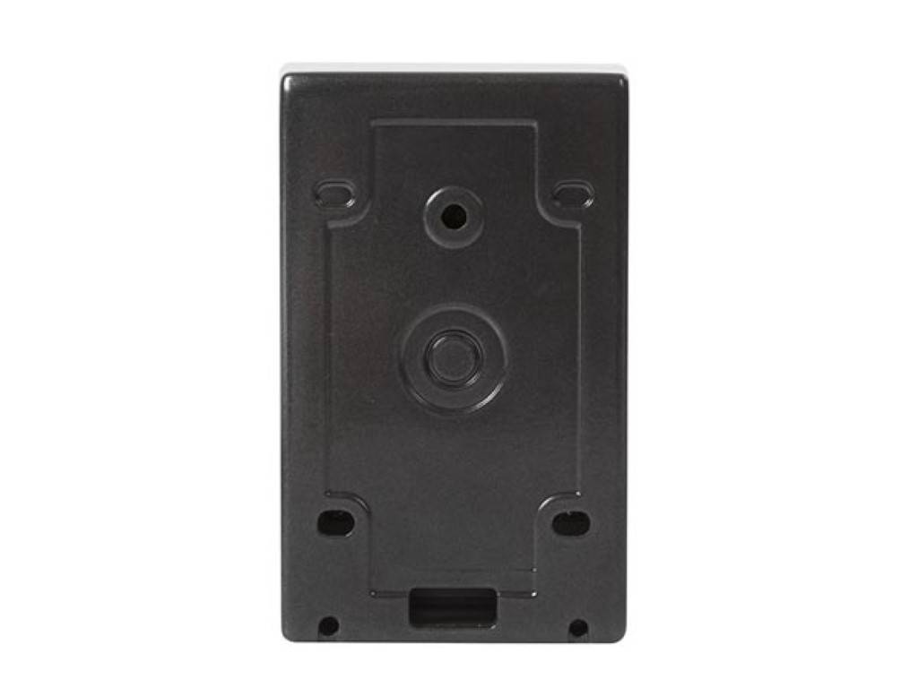 Ein schwarzes rechteckiges Montageklammern mit zentralem kreisförmigem Loch und mehreren kleineren Löchern an den Ecken, entwickelt zur Befestigung von Geräten an Wänden.