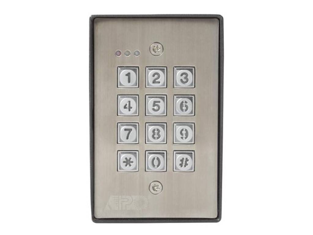 Ein rechteckiges metallisches Tastenfeld mit nummerierten Tasten von 0 bis 9, sowie * und # Tasten, verwendet für die Sicherheitszugangskontrolle.