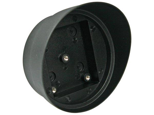 Ein schwarzes Kunststoff-Wandmontagehalterung mit Schraubenlöchern zum Befestigen eines runden Geräts, wie einer Uhr oder Kamera, an einer Oberfläche.