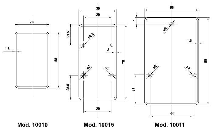 Technische Zeichnung von drei rechteckigen Modellen, gekennzeichnet mit 'Mod. 10010', 'Mod. 10015' und 'Mod. 10045', mit Abmessungen in Millimetern.