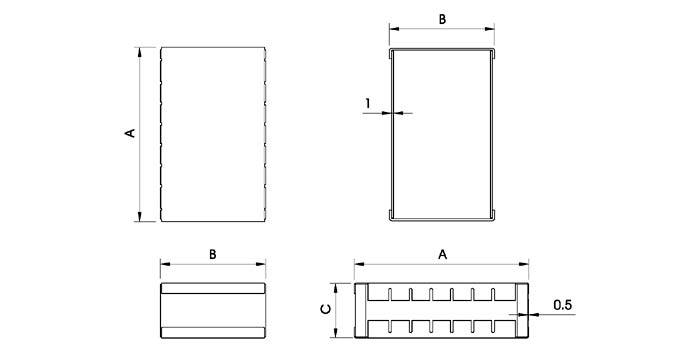 Technische Zeichnung eines rechteckigen Behälters mit beschrifteten Abmessungen A, B und C; eine Ansicht zeigt detaillierte Seitenschlitze.