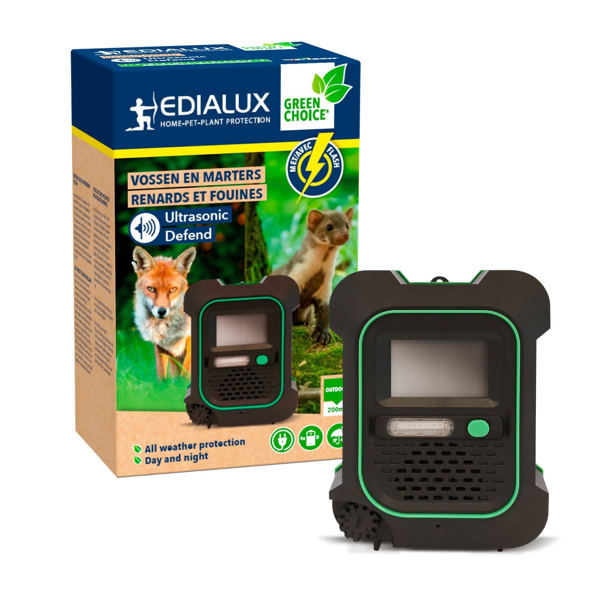 Verpackung für ein Ultraschall-Schädlingsabwehrgerät mit Bildern eines Fuchses und eines Geräts mit Produktdetails. Enthält den Text „Ultrasonic Defend