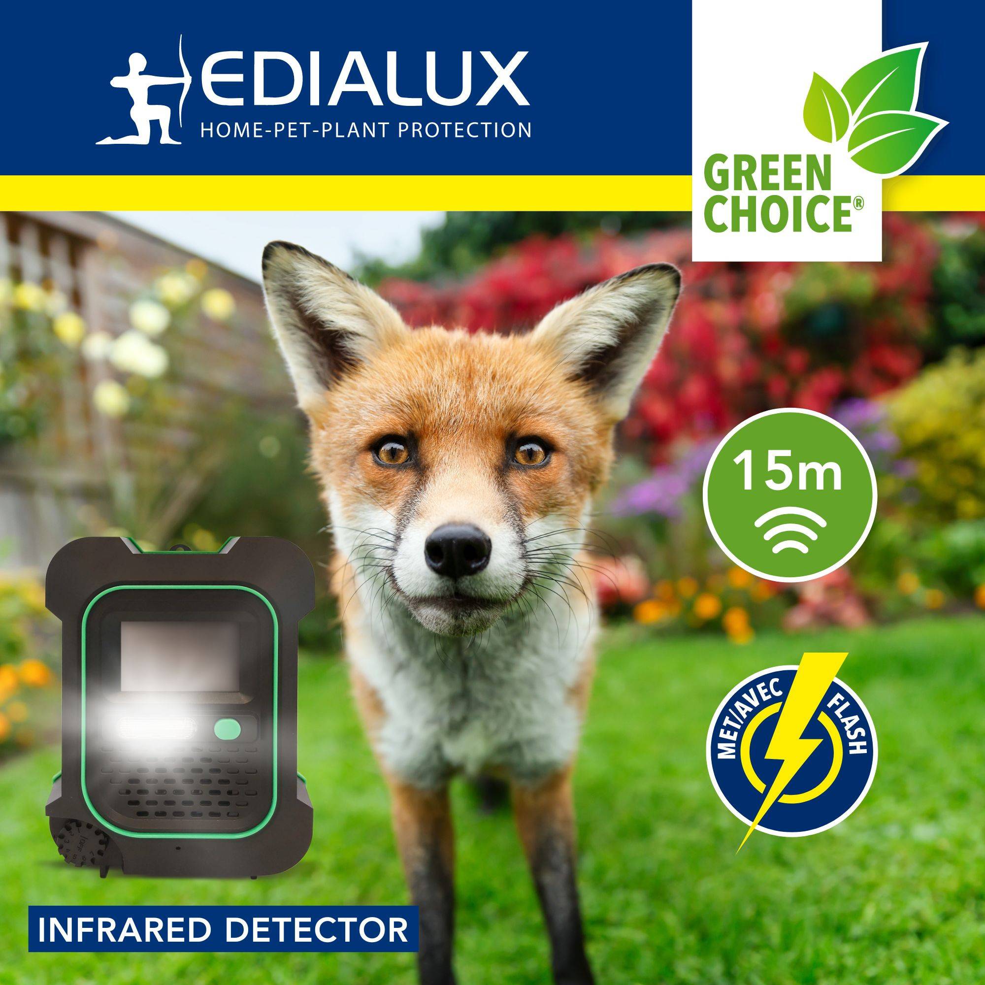Produktabbildung für Edialux Home-Pet-Plant Protection mit einem Fuchs auf einem Rasen, einem Infrarotdetektor, „Green Choice